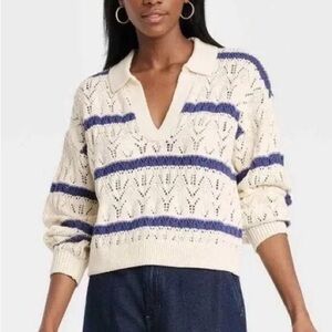 Universal Thread Cream and Blue Knit Collared Sweater